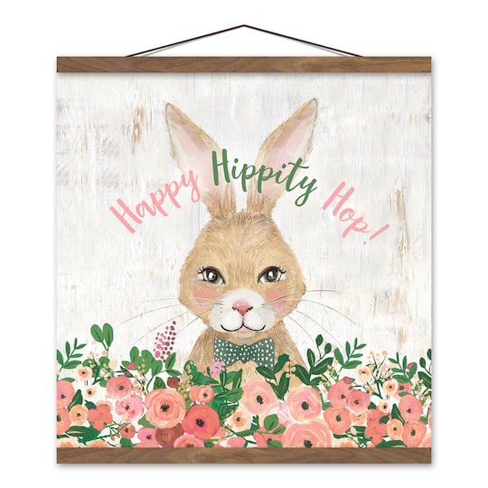 Happy Hippity Hop Bunny Teak Hanging Canvas